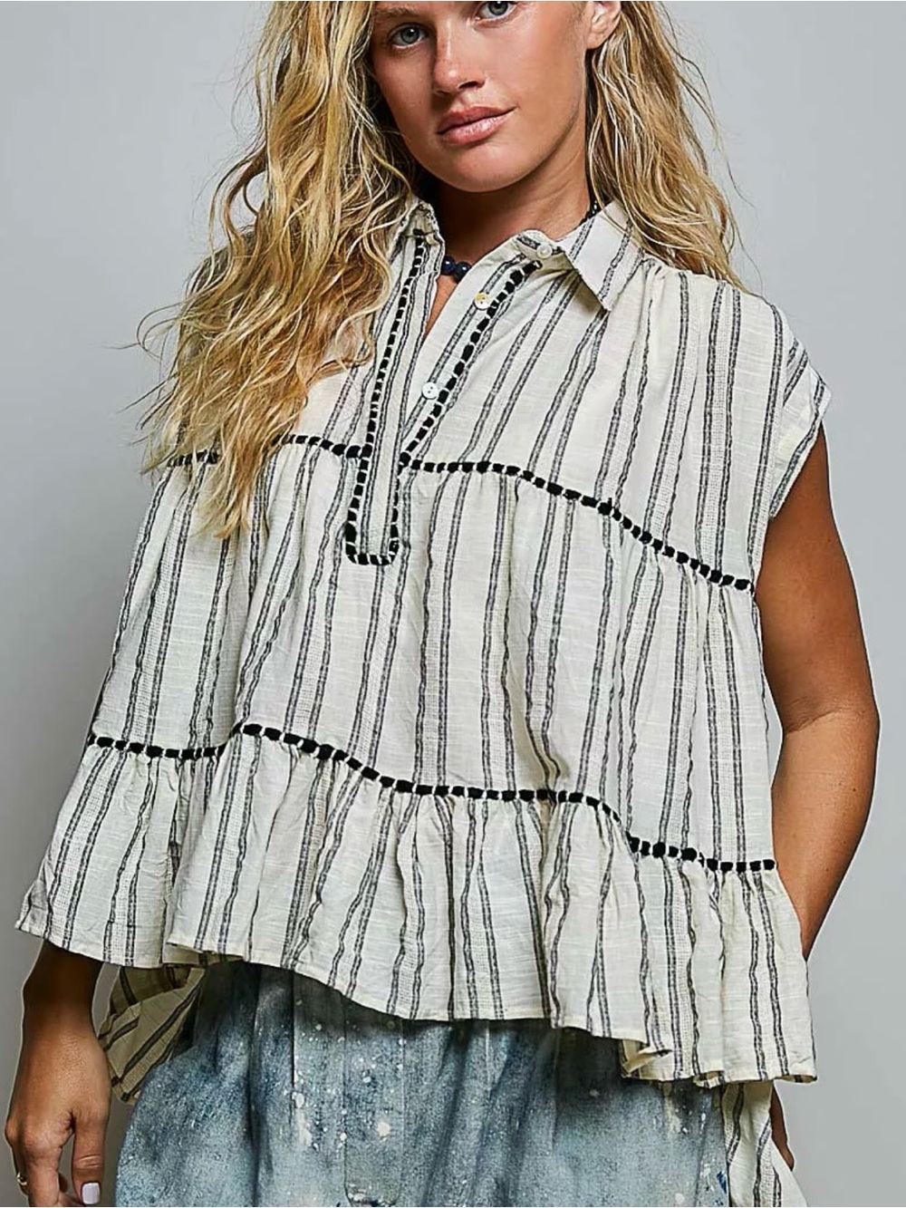 NEW POL “The Allie”Striped Ruffle Hem Tunic in White and Black